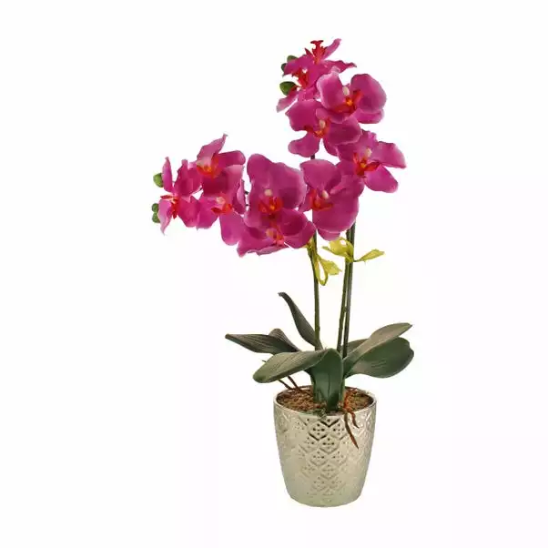 Artificial Orchid Pink In Silver Vase 28cm 1 Artificial Orchid Pink In Silver Vase 28cm