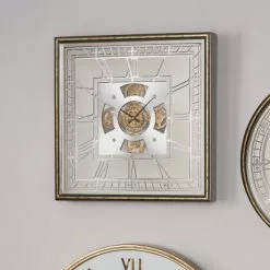 Pacific Lifestyle Antique Gold Wood & Mirror Square Working Cog Wall Clock 60cm